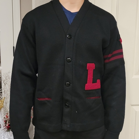 Vintage 1940-50 Lasley Knitting co. Seattle Letterman Sweater / Cardigan Patched - Picture 2 of 13